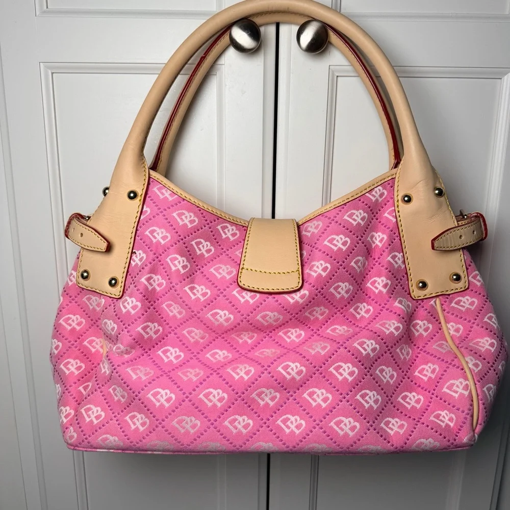 Dooney & Bourke Pink DB Monogram Canvas Satchel Leather Trim Hook Closure - Picture 3 of 11